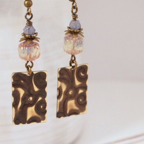 Brass Hand Embossed Earrings Czech Glass Earrings Hand Patina Brass Earrings - Picture 9 of 11